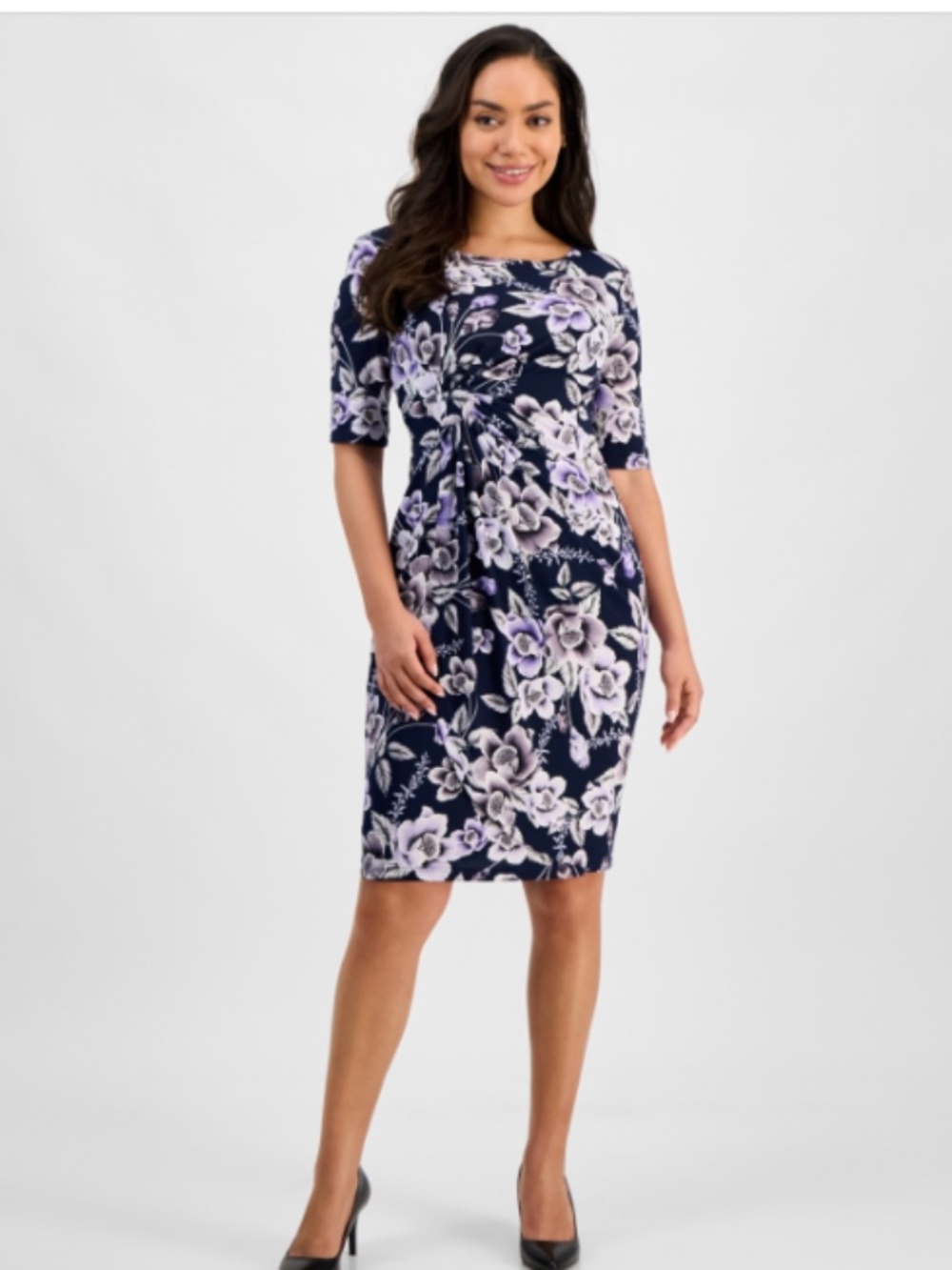 Connected Petite Printed Short-Sleeve Faux-Wrap Sheath Dress Size 6P - Picture 3 of 4